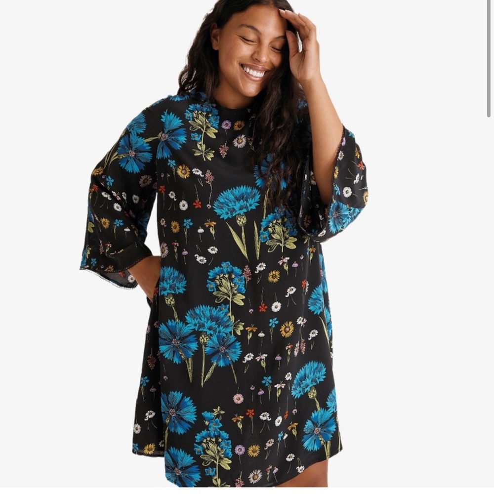 Anthro Maeve Silk Lucinda Black Floral Tunic Dress XL NWT